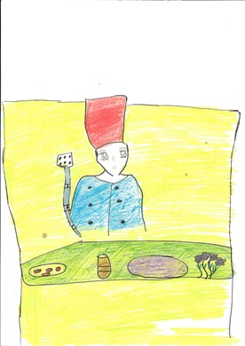 Bunte Zeichnung von Juka Abdilwahid vor einem leuchtend gelben Hintergrund. Im Zentrum steht eine stilisierte Person mit einer hohen, roten Kopfbedeckung und einer blauen Jacke mit dunklen Knöpfen. Vor der Figur befindet sich eine grüne Arbeitsfläche, auf der verschiedene Objekte wie ein Glas, eine Schüssel und kleine violette Blumen angeordnet sind. Links neben der Person ist ein technisches Gerät mit Antenne zu sehen.