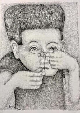 Junge spielt mit einem Stück Faden – Werner Roitner Eine Bleistiftzeichnung von einem Jungen, der mit einem Stück Faden an seinen Fingern spielt. Gezeichnet vom Künstler Werner Roitner.
