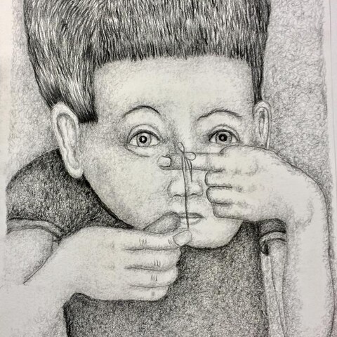 Junge spielt mit einem Stück Faden – Werner Roitner Eine Bleistiftzeichnung von einem Jungen, der mit einem Stück Faden an seinen Fingern spielt. Gezeichnet vom Künstler Werner Roitner.