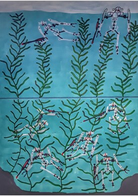 Gemälde von Barbara Plak, das eine Unterwasserlandschaft darstellt. Zwischen hohen, vertikal wachsenden grünen Algen schwimmen zahlreiche weiße, roboterartige Figuren, die an Science-Fiction-Charaktere erinnern. Das Bild ist durch eine horizontale Linie in der Mitte geteilt; der Hintergrund besteht aus verschiedenen Türkis- und Blautönen, während der Boden am unteren Rand dunkelgrau abgesetzt ist.