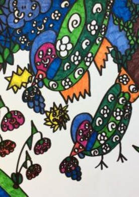 Abstrakte Blumenwiese – Stephanie Wimmer Ein gemaltes Bild, dass Blumen, Bäume, Sonne und Himmel in einem abstrakten Stil darstellt. Gemalt von der Künstlerin Stefanie Wimmer.