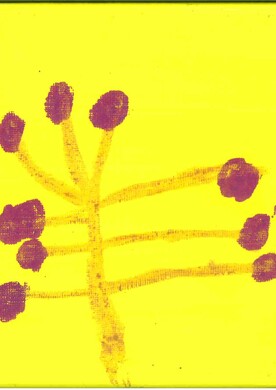 Ein minimalistisches, kontrastreiches Gemälde des Künstlers Darko Beric auf einem leuchtend gelben Hintergrund. Das Bild zeigt eine stilisierte, baum- oder pflanzenartige Struktur in einem dunkleren Gelbton, die mittig von unten nach oben verläuft. Von diesem vertikalen „Stamm“ zweigen mehrere dünne Äste fächerförmig nach den Seiten und nach oben ab. An den Enden der Äste befinden sich insgesamt neun unregelmäßige, violette Tupfen, die wie Früchte oder Blüten wirken. Die Textur der Farbe ist leicht körnig und verleiht dem Werk eine organische Ausstrahlung.