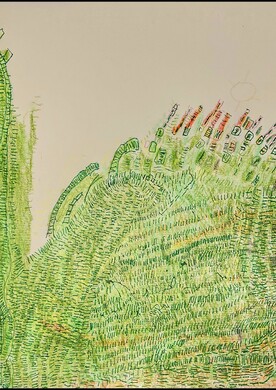 Eine detailreiche Farbstiftzeichnung von Friedrich Ettenauer auf beigem Papier. Das Werk zeigt eine große, grün-dominierte Form, die an ein Huhn erinnert. Die Fläche ist mit tausenden feinen, kurzen Strichen in verschiedenen Grüntönen gefüllt, die eine dichte, fast moosartige Textur erzeugen. Am rechten Rand geht das Grün in rötliche und orangefarbene Töne über, ergänzt durch kleine, geometrische Kästchenmuster. Am rechten unteren Bildrand stehen vertikal der Name "Ettenauer Friedrich", das Datum "27.8.2015" und das Wort "Huhnbild" in sauberer Schreibschrift.