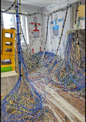Eine Kunstinstallation von Barbara Plak im Innenbereich des Ateliers Maria Ponsee. Der gesamte Raum ist von einem dichten Netzwerk aus hunderten bunten Kabeln durchzogen, die wie dicke Adern von der Decke herabfallen und sich in großen Haufen auf dem Boden sammeln. An den weißen Wänden im Hintergrund sind zwei überlebensgroße, skelettartige Roboter-Figuren – ein roter und ein blauer ‚Aquadroid‘ – aufgemalt. Die Installation wirkt wie das Innere einer gigantischen, lebendigen Maschine.