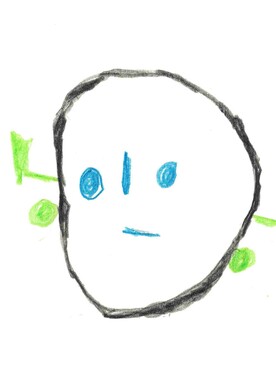 Eine minimalistische Buntstiftzeichnung des Künstlers Darko Beric auf weißem Papier. Sie zeigt ein stilisiertes, rundes Gesicht, das mit einer kräftigen schwarzen Kontur gezeichnet ist. Die Augen sind als zwei blaue Kreise dargestellt, die Nase als kurzer vertikaler und der Mund als kurzer horizontaler blauer Strich. An den Seiten des Kopfes befinden sich hellgrüne, geometrische Formen und Kreise, die an Ohren oder Kopfschmuck erinnern. Die Zeichnung wirkt durch die einfache Linienführung und die klare Farbwahl sehr direkt und ausdrucksstark.