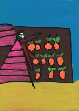 Farbenfrohes, narratives Gemälde von Juka Abdilwahid. Eine stilisierte Person in dunkelroter Kleidung und schwarzem Hut lehnt an einer pinkfarbenen Treppenstruktur. Die Figur greift nach einer von neun orangefarbenen Früchten mit grünen Blättern, die in einem Raster an einer braunen Wand hängen. Der Hintergrund ist zweigeteilt in eine leuchtend gelbe Bodenfläche und einen tiefblauen Himmel.