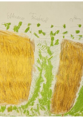 Eine Farbstiftzeichnung von Friedrich Ettenauer auf beigem Papier. Im Zentrum dominieren zwei große, aufrecht stehende, braun-orange schraffierte Flächen, die an Baumstämme oder Heuballen erinnern. Sie sind von einer leuchtend grünen, abstrakten Landschaft aus vielen kleinen Tupfern und Strichen umgeben. Am oberen Rand befinden sich handschriftliche Notizen in Bleistift: In der Mitte steht der Name "Ettenauer Friedrich", rechts die Worte "2 Bäume 2 Birken" und links das Datum 16.9.2023.