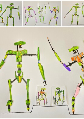 Eine Collage aus Zeichnungen der Künstlerin Barbara Plak, die ihre charakteristischen ‚Aquadroiden‘-Figuren zeigt. Die roboterhaften Gestalten sind in verschiedenen dynamischen Posen, teils mit schwertähnlichen Armen, dargestellt. Die Farbpalette umfasst leuchtendes Grün, Orange, Gelb, Pink und Violett mit schwarzen Konturen. Das Hauptbild im Vordergrund zeigt zwei große Figuren auf einer skizzierten Plattform, darüber sind drei kleinere Bildstreifen mit weiteren Variationen der Roboter-Figuren angeordnet.