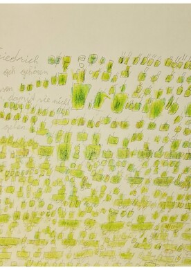 Eine detailreiche Farbstiftzeichnung von Friedrich Ettenauer auf beigem Papier. Das Bild ist fast vollständig mit hunderten kleinen, quadratischen und rechteckigen Formen in verschiedenen Gelb- und Grüntönen gefüllt, die an kleine Töpfe oder Setzlinge erinnern. In der linken oberen Ecke sind handschriftliche Notizen in Bleistift integriert, darunter der Name des Künstlers sowie Sätze über Pflanzen, die gegossen werden müssen. Rechts oben befinden sich mehrere Datumsangaben aus dem Jahr 2023 und 2025.