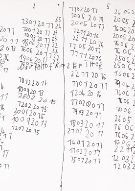 Ein grafisches Kunstwerk der Künstlerin Andrea Meija Rocha auf weißem Papier. Das Blatt ist dicht mit vertikalen Spalten aus handgeschriebenen Zahlenfolgen gefüllt, die wie Datumsangaben wirken (zum Beispiel „22 11 20 16“ oder „19 04 20 11“). Die Ziffern sind mit schwarzem Kugelschreiber oder feinem Filzstift in einer gleichmäßigen, aber individuellen Handschrift untereinander gelistet. Vereinzelt finden sich kleine handschriftliche Notizen oder einzelne Ziffern über den Spalten, was dem Werk den Charakter eines systematischen Verzeichnisses oder eines persönlichen Kalendariums verleiht.